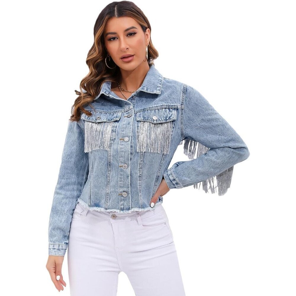 Womens S177blue Fringe Denim Jacket Casual Oversized Jean Coat Long Sleeve